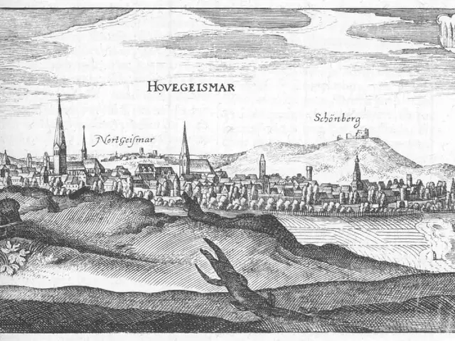 The image shows a black and white drawing of a city with mountains in the background, depicting the...