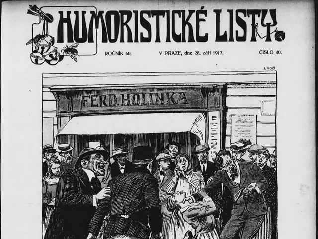 The image shows a black and white cartoon of a man in a suit and tie standing in front of a crowd...
