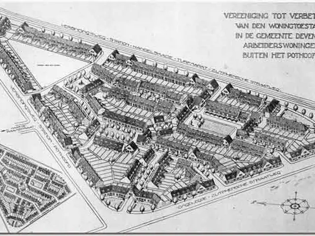 The image shows a black and white drawing of a plan of a city with a lot of buildings, likely a...