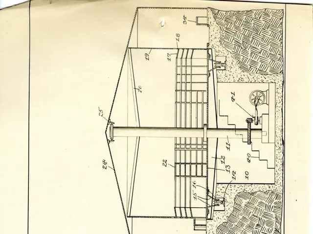 The image shows a drawing of a building with a lot of details, including numbers and text, on a...