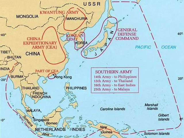 The image shows a poster with a map of the Pacific Ocean and text detailing the Japanese plan and...