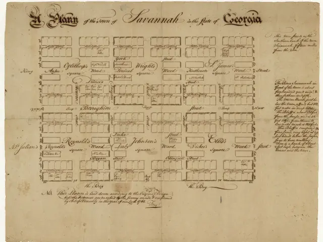 The image shows an old document with a black and white image of a map of Savannah, Georgia. The...