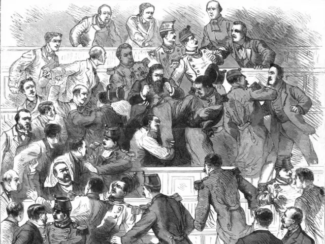 The image shows a black and white drawing of a crowd of people in a courtroom, with some standing...