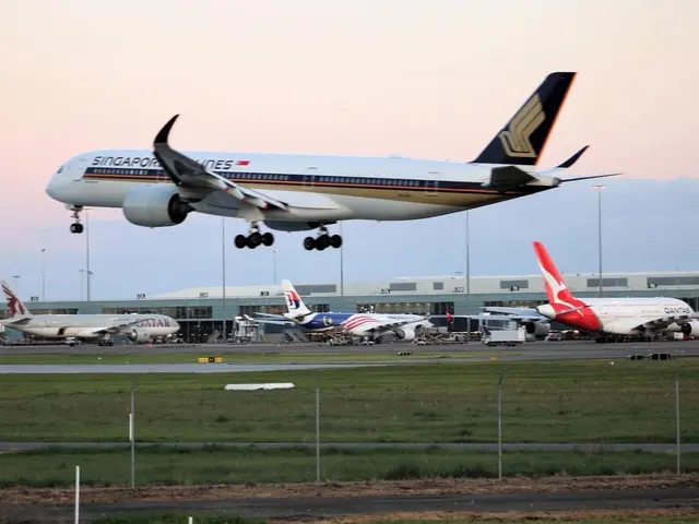The image shows a Singapore Airlines Boeing 777-300er taking off from Sydney Airport, surrounded by...