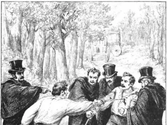 The image shows a black and white drawing of a group of men in top hats and tails fighting in a...