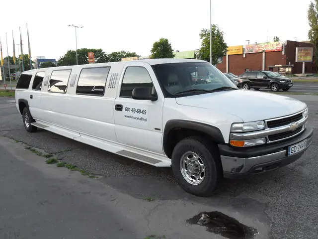The image shows a white limousine parked on the side of the road, surrounded by other vehicles,...