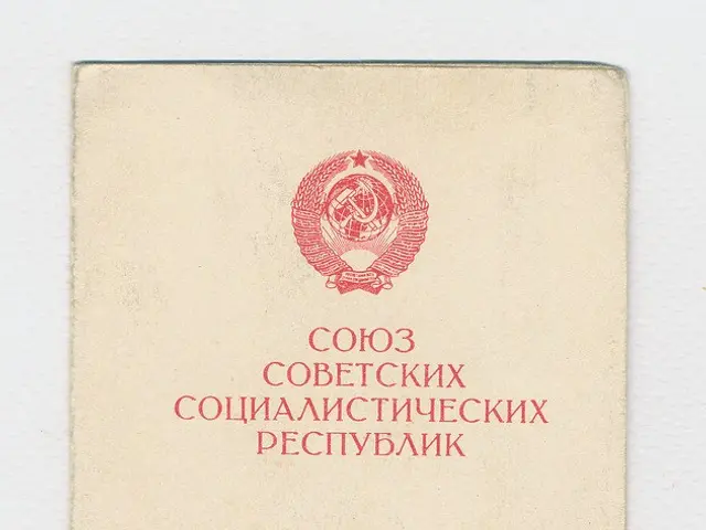 The image shows an old Russian passport with a red seal on it. The passport has text and a logo on...