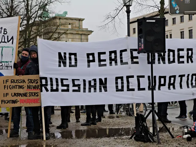 The image shows a group of people standing on the ground, holding a banner that reads "No Peace...