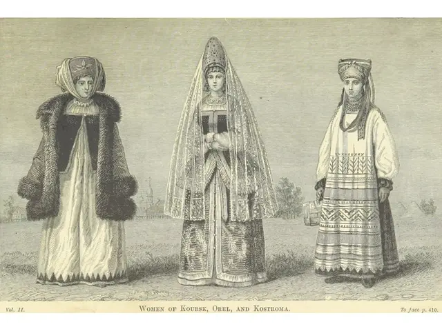 The image shows three women in traditional Russian clothing standing on the ground surrounded by...