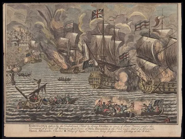 The image shows a painting of the Battle of Barcelona taken by the confederate fleet on October 20,...