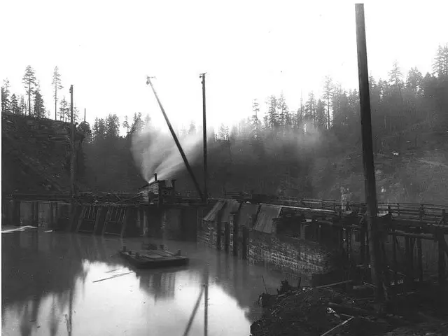 The image shows a black and white photo of a boat in the water, surrounded by a bridge, poles,...