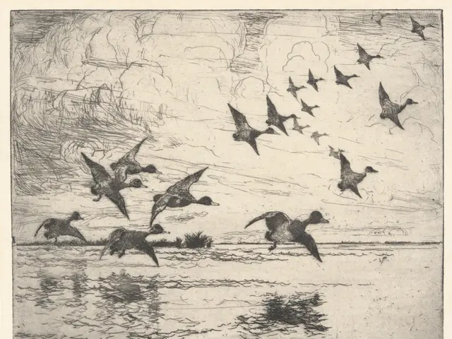 The image shows a flock of ducks flying over a body of water, with plants in the background. At the...