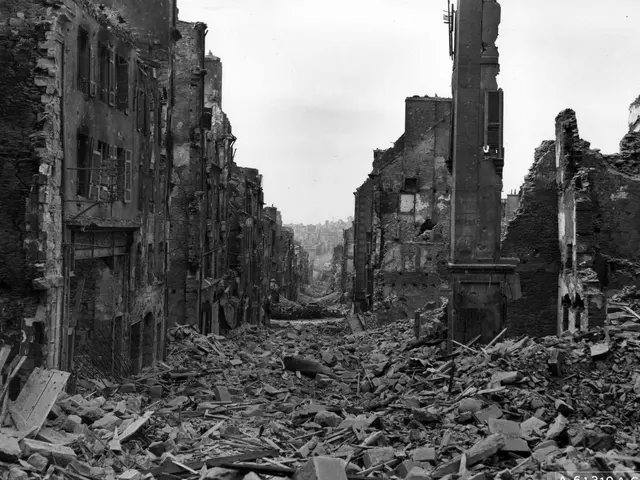 The image shows a black and white photo of a destroyed city street in the middle of a city, with...