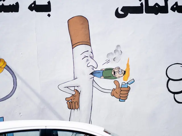 The image shows a white car parked in front of a wall with a painting of a man smoking a cigarette....