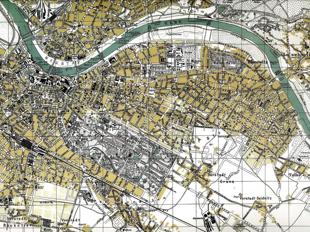 The image shows an old map of the city of Berlin, Germany, with a river running through it. The map...