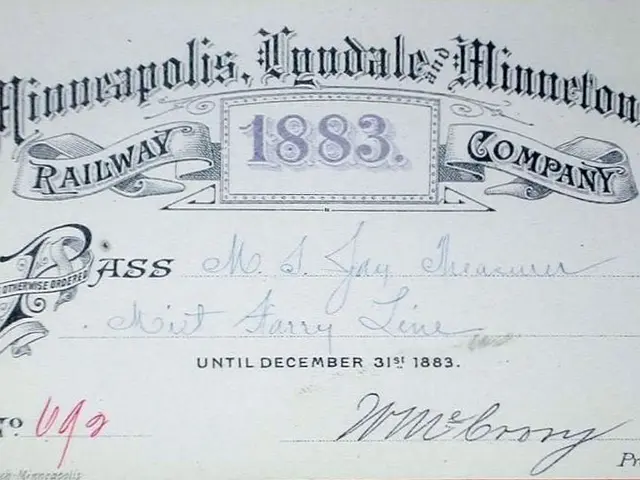 The image shows an old railroad ticket from the Minneapolis, Minnesota Railroad Company from 1883....