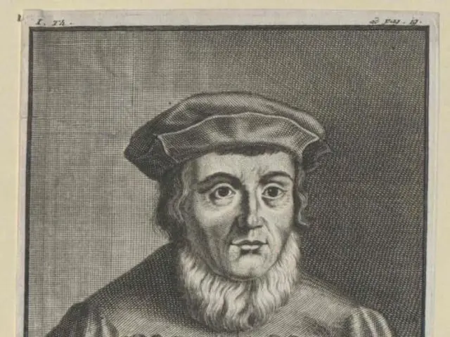 The image shows an engraving of Joannes Aventinus, a man with a beard and a hat, holding a pen and...