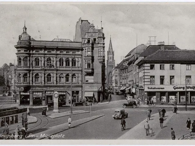The image shows an old black and white photo of a city street in Munich, Germany. There are many...