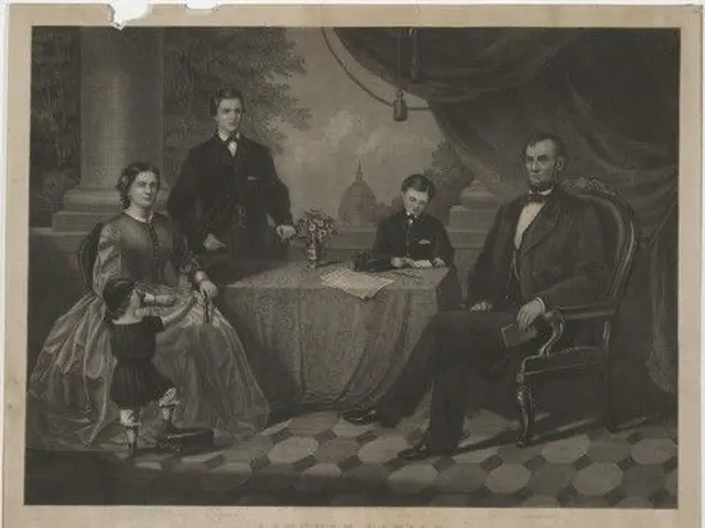 The image shows Abraham Lincoln and his family sitting around a table with a flower vase, papers,...