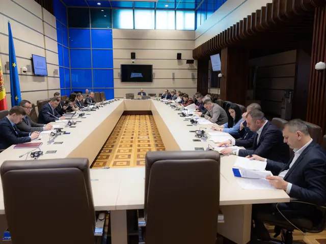 The image shows a group of people sitting around a long table with papers, books, mics, and other...