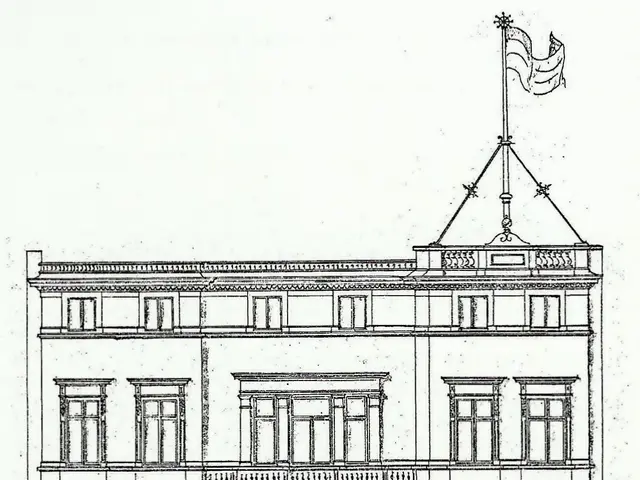 The image shows a drawing of a building with a flag on top of it, which is believed to be the...