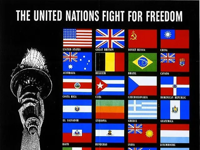 The image shows a poster with the Statue of Liberty in the center, surrounded by flags of different...