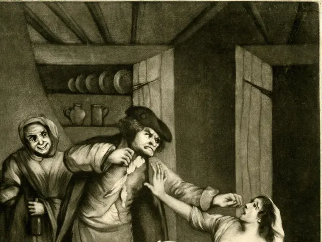 The image shows a black and white drawing of a man and a woman in a room, with the man holding the...