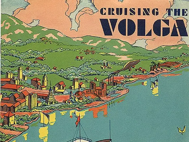 The image shows a poster depicting a boat cruising on the Volga River, surrounded by buildings,...