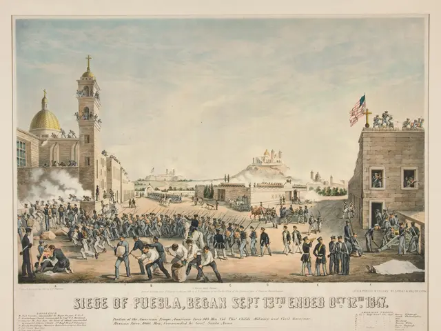 The image shows a group of people standing on the ground, some of them holding guns, in front of a...