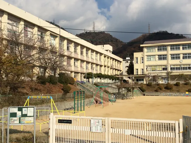 The image shows a large building with a fence and a playground in front of it, surrounded by trees,...
