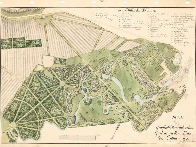 The image shows an old map of a park with a lot of trees, plants, and water. The paper has text...