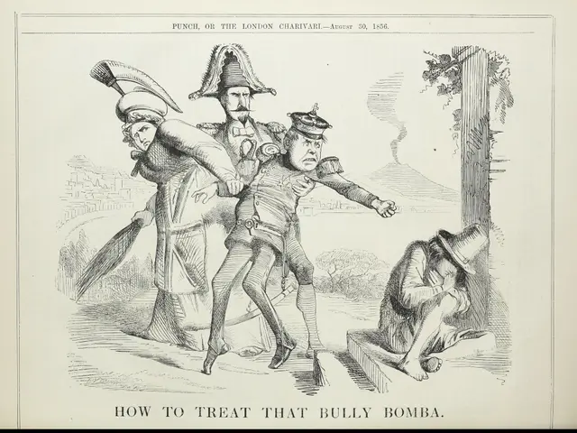 The image shows a paper with a drawing of three people, one of whom is holding a stick, and text...