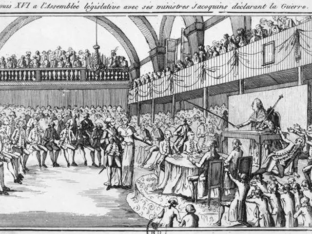 The image shows a black and white drawing of a large crowd of people in a room, with some standing...