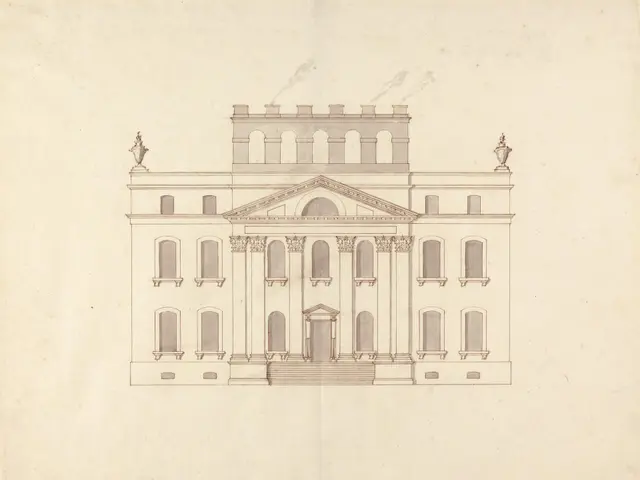The image shows a drawing of a large building with a lot of windows, which is believed to be the...