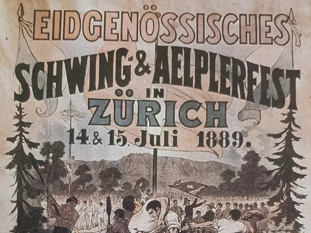 The image shows an old poster advertising a festival in Zurich, Switzerland. It features a group of...