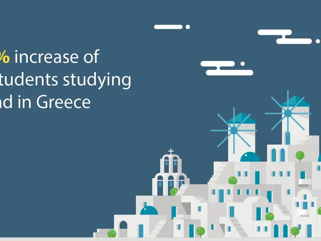 The image shows a poster with a building and windmills in the background. The text on the poster...