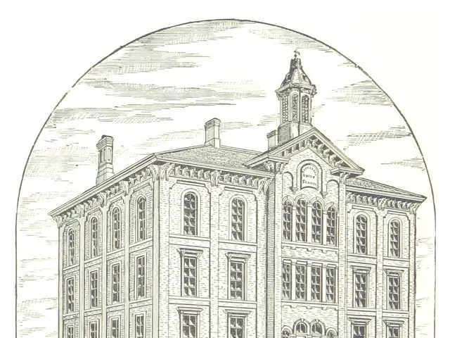 The image shows a drawing of the Jefferson School in Philadelphia, Pennsylvania. It is a large...