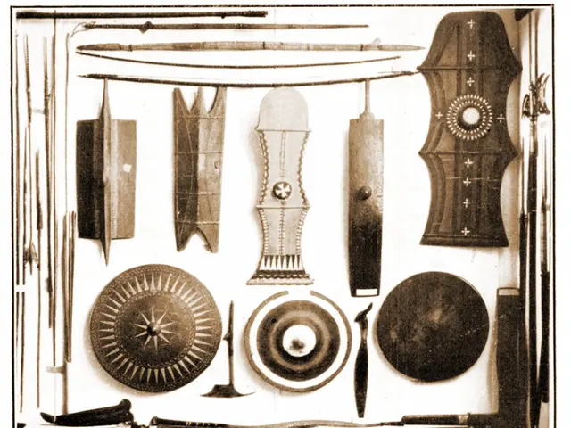 The image shows a poster with a variety of Philippine weapons of offense and defense, including...
