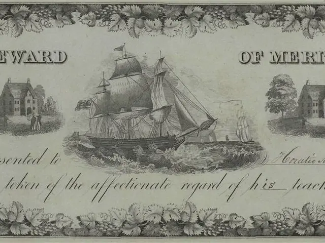 The image shows a reward of merit certificate with a picture of a ship in the water, surrounded by...
