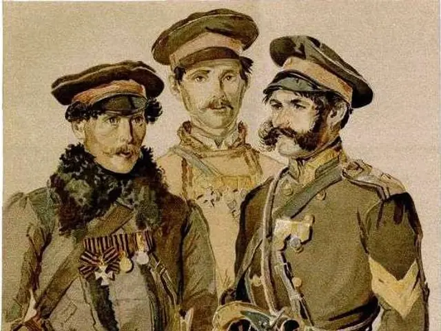 The image shows three men in military uniforms standing next to each other, wearing caps and...
