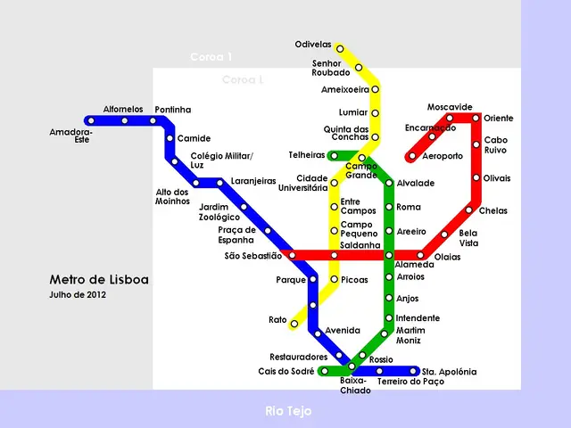 The image shows a poster of a map of the Lisbon Metro System, with a colorful route map and text...