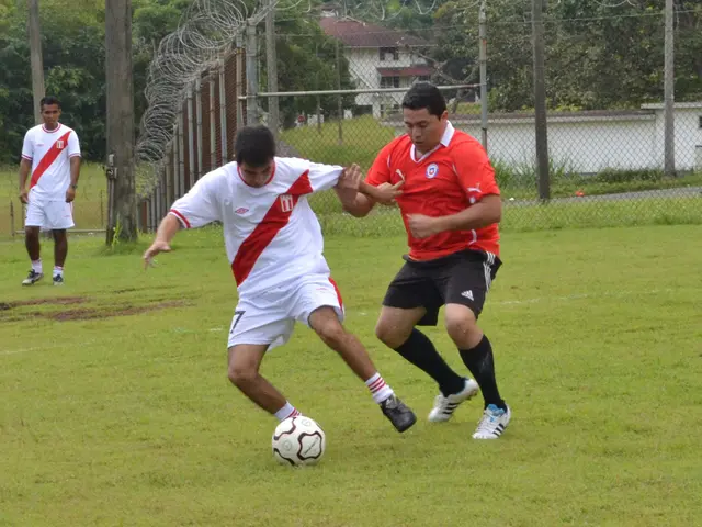 The image shows two men playing soccer on a grassy field surrounded by a fence with poles and...