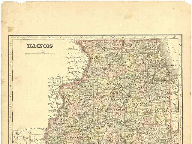 The image shows an old map of the state of Illinois on a piece of paper. The map is detailed and...