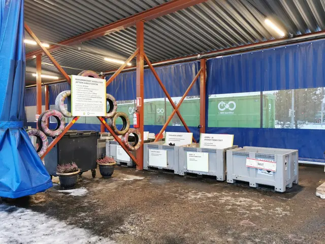 The image shows a large warehouse filled with lots of different types of tires, containers, plants...