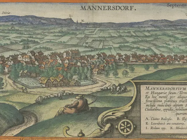 The image shows an old map of the city of Mannersdorf, Germany, with trees, houses, hills, people,...
