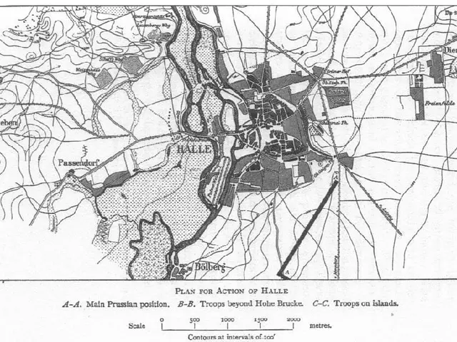 The image shows a black and white map of the city of Halle, with text at the bottom. The map is...