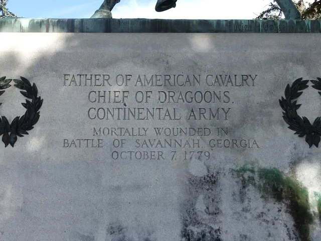 The image shows a memorial stone with the words "Father of American Cavalry Chief of Dragoon's...