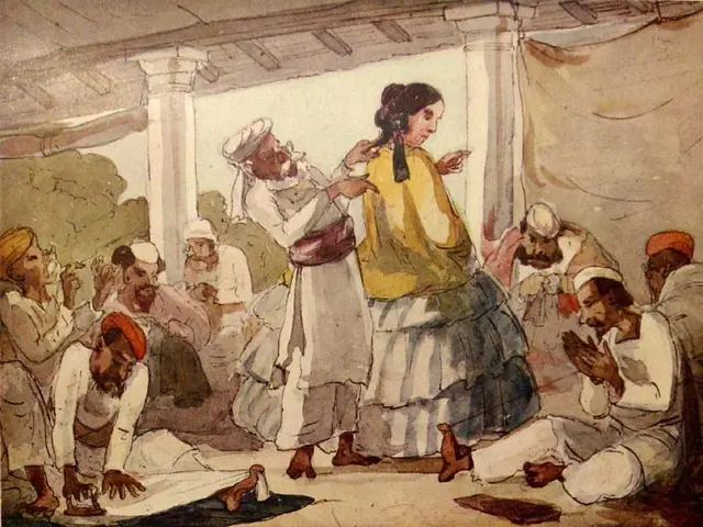 The image shows a painting of a woman standing in front of a group of people, some of whom are...