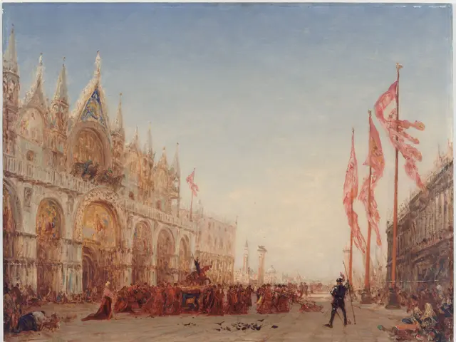 The image shows a painting of a city street with a group of people in front of a building,...