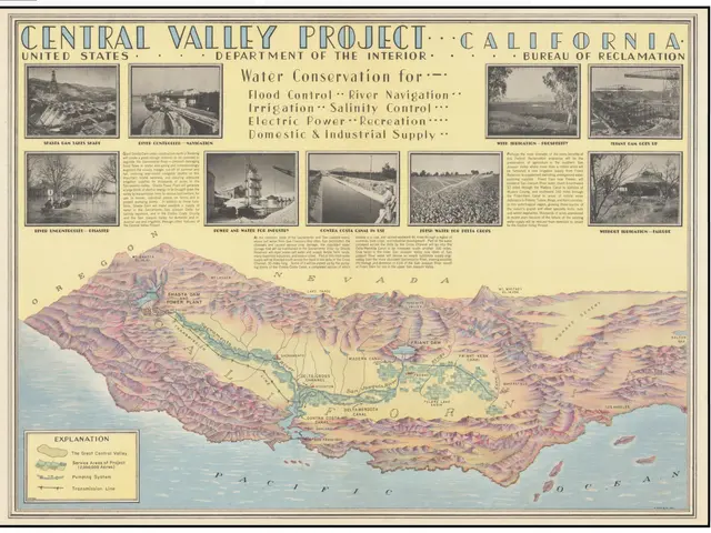 The image shows a poster of the Central Valley Project in California. It features a map of the area...